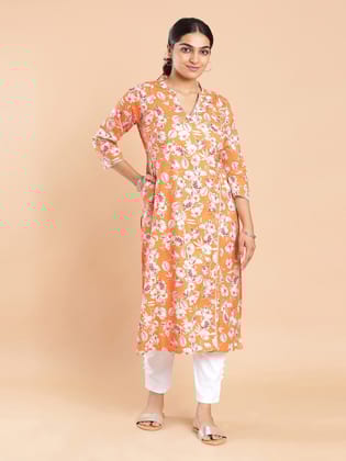 Kalyan Silks Floral Printed Orange Peach Color Kurti Top