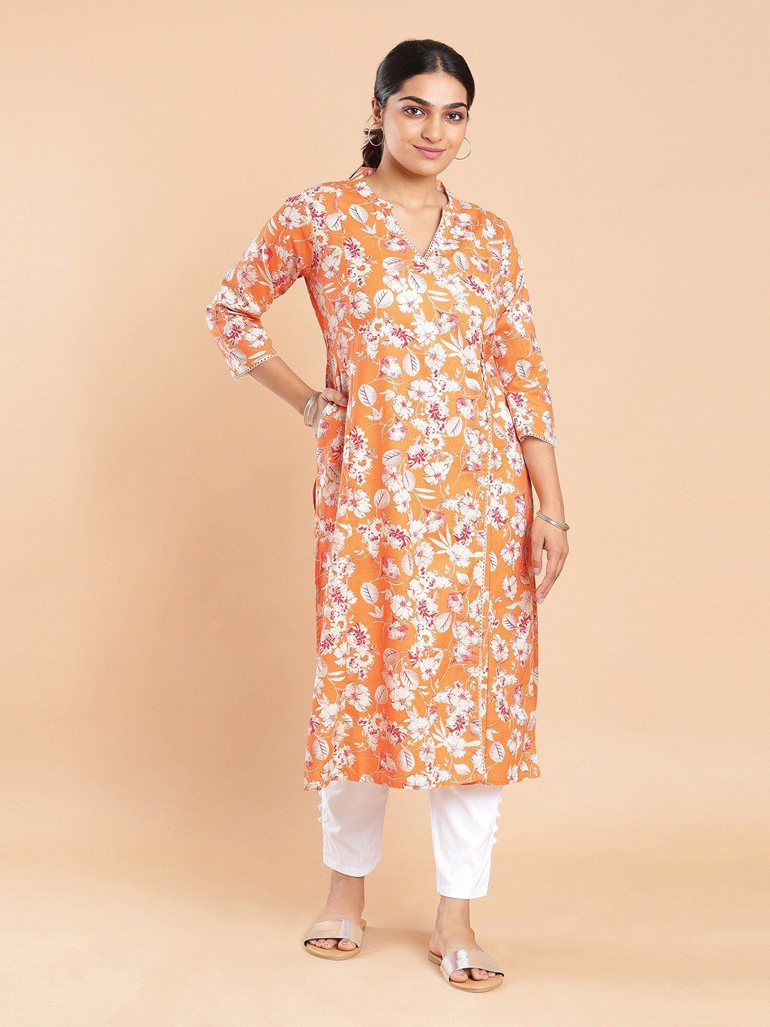 Kalyan Silks Floral Printed Orange Peach Color Kurti Top