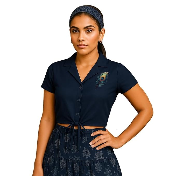EqualLife Crop Top Shirt for Women-with Tie-Up Front, Button Down-Peacock Feather Front Print -EQCT900112