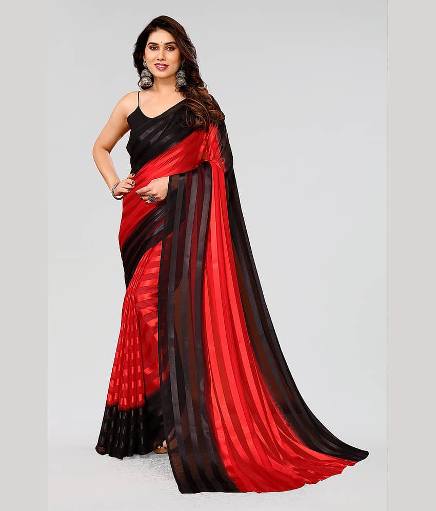 Kashvi Sarees Satin Striped Saree With Unstitched Blouse Piece ( Red )