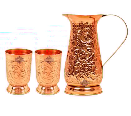 Copper Set of 1 Jug Pitcher 1300 ML with 2 Designer Glass 350 ML each - Serving Drinking Water Benefit Yoga Ayurveda Healing