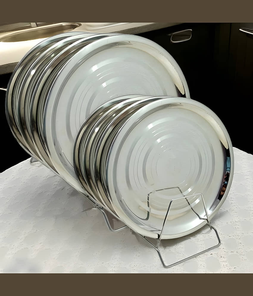 kitchrox 8 Pcs Stainless Steel Silver Full Plate & Half Plate