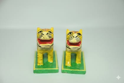 Icrafts Handmade Wooden Tiger Pair – Traditional Multicolor Wooden Figurines  L: 7.62 cm × H: 7.62 cm × B: 3.81 cm