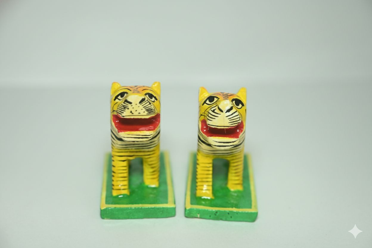 Icrafts Handmade Wooden Tiger Pair – Traditional Multicolor Wooden Figurines L: 7.62 cm × H: 7.62 cm × B: 3.81 cm