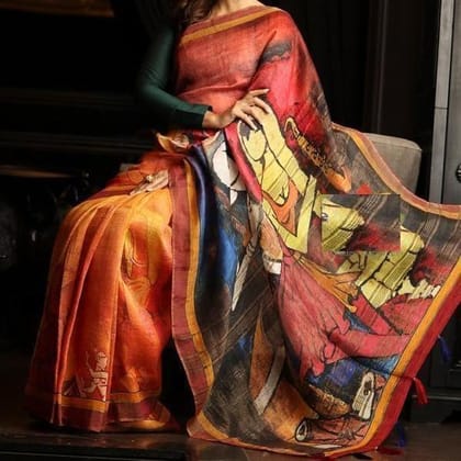 Party Wear Linen Multi color Digital Printed Sari 1021