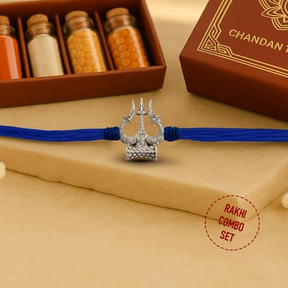 925 Silver Trishul-Damru Rakhi with Blue Thread