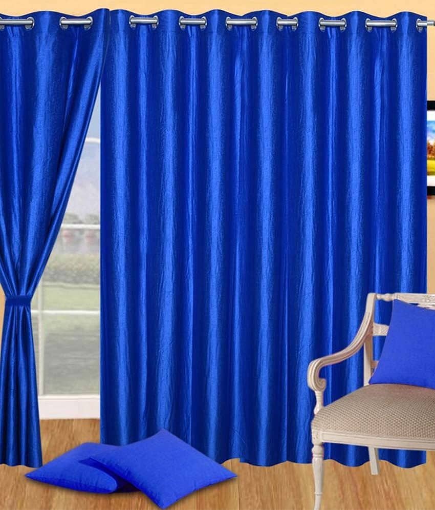 Tanishka Fabs Natural Semi-Transparent Eyelet Door Curtain 7 ft Pack of 2 -Blue