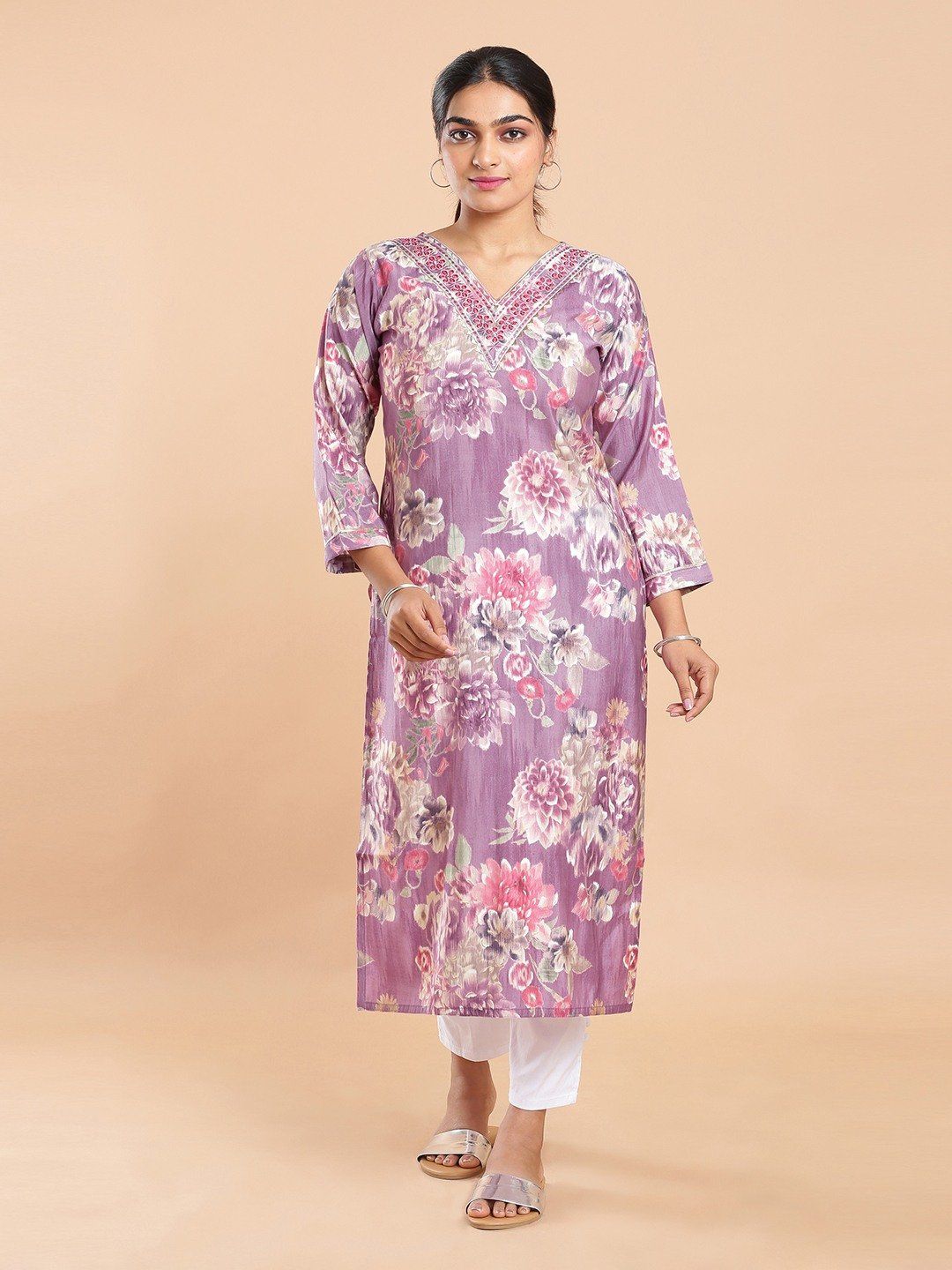 Kalyan Silks Violet & Pink Shaded Floral Printed Violet Kurti Top
