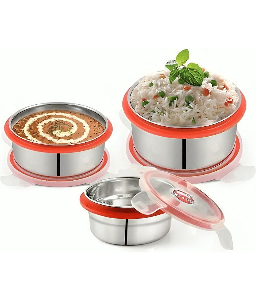 Kitcorner Lock N Steel Steel Red Food Container ( Set of 3 )