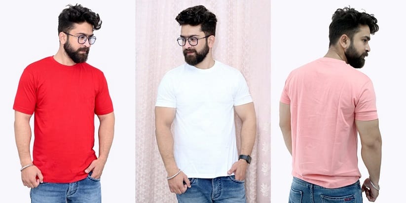 Tru Threads Solid Premium T-Shirt 3 Pcs Combo - White, Red, Peach (Size-M)