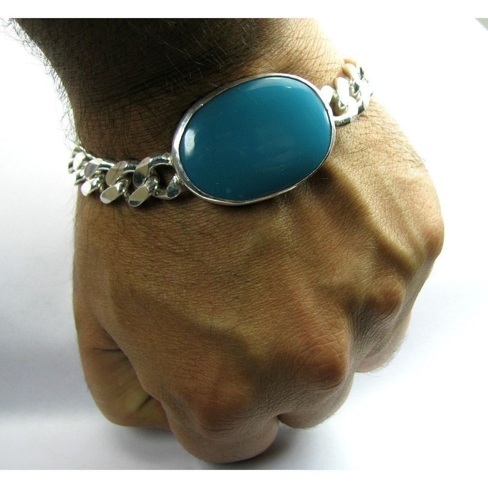 SOLID GENUINE 925 STERLING SILVER CURB LINK CHAIN MEN'S BRACELET TURQUOISE MAN JEWELRY