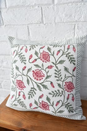 Pink & Green Floral Jaal Handblock Cushion Cover