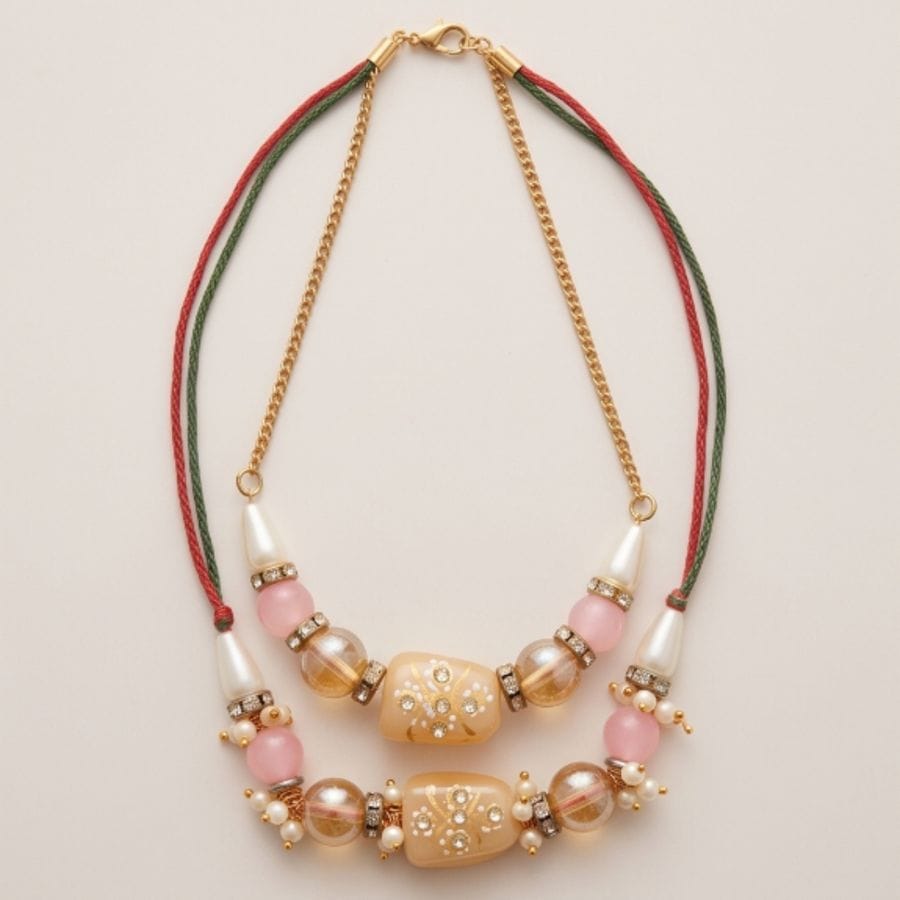 Artisanal Dual-Layered Beaded Necklace with Floral Pendants (set of 2)