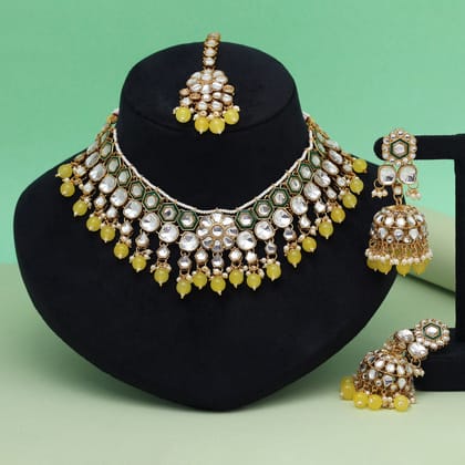 Yellow Color Meena Work Kundan Necklace Set (KN1455YLW)-Adjustable Rope / Yellow / Alloy With Good Quality Gold Plated