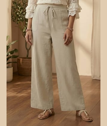 DE TRENDZ Women Cotton Wide Leg Trousers ( Beige )