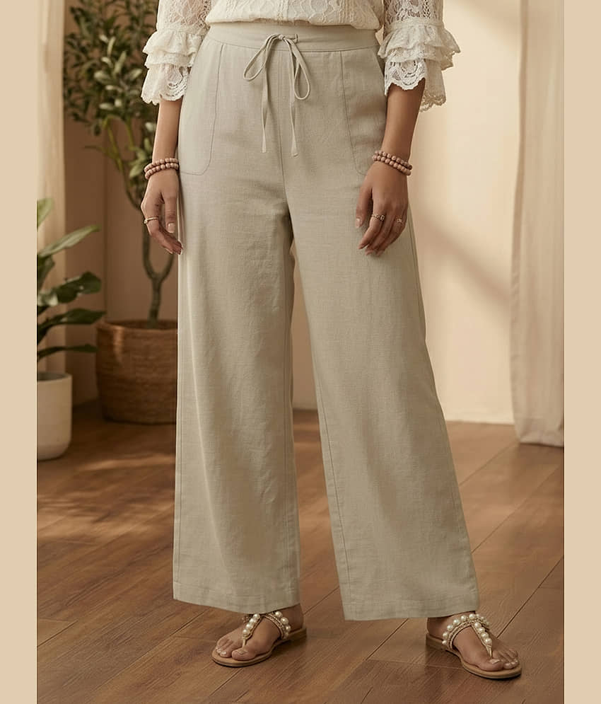 DE TRENDZ Women Cotton Wide Leg Trousers ( Beige )