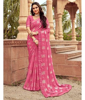 Satrani Chiffon Printed Saree With Unstitched Blouse Piece ( Pink )