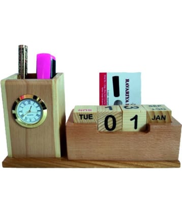 RAVARIYA GRAPHICS WOODEN PEN STAND WITH CLOCK AND CALENDER  AND CARD HOLDER