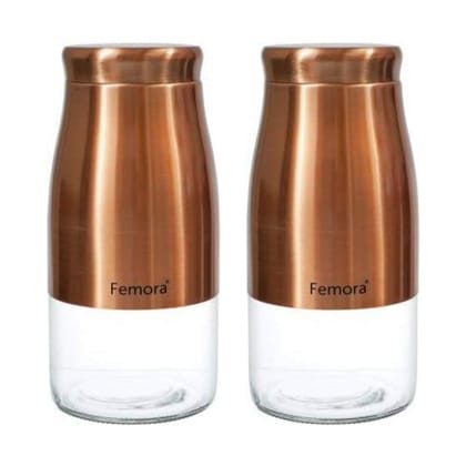 Femora Clear Glass Gold Metallic Steel Glass Jars Tea Sugar Jar Container Cereal, Spices, Pulses Container Spice Jar for Kitchen Storage 1750 ml/gm - Set of 2
