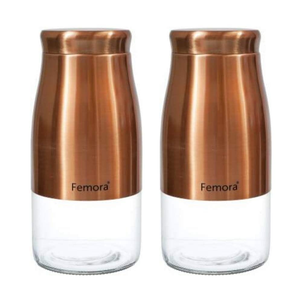 Femora Clear Glass Gold Metallic Steel Glass Jars Tea Sugar Jar Container Cereal, Spices, Pulses Container Spice Jar for Kitchen Storage 1750 ml/gm - Set of 2