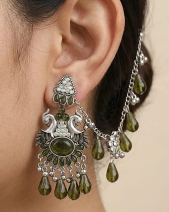 Vardaan Crystalx Exquisite oxidized silver Sahara earring featuring vibrant green crystals and intricate detailing, perfect for every women.