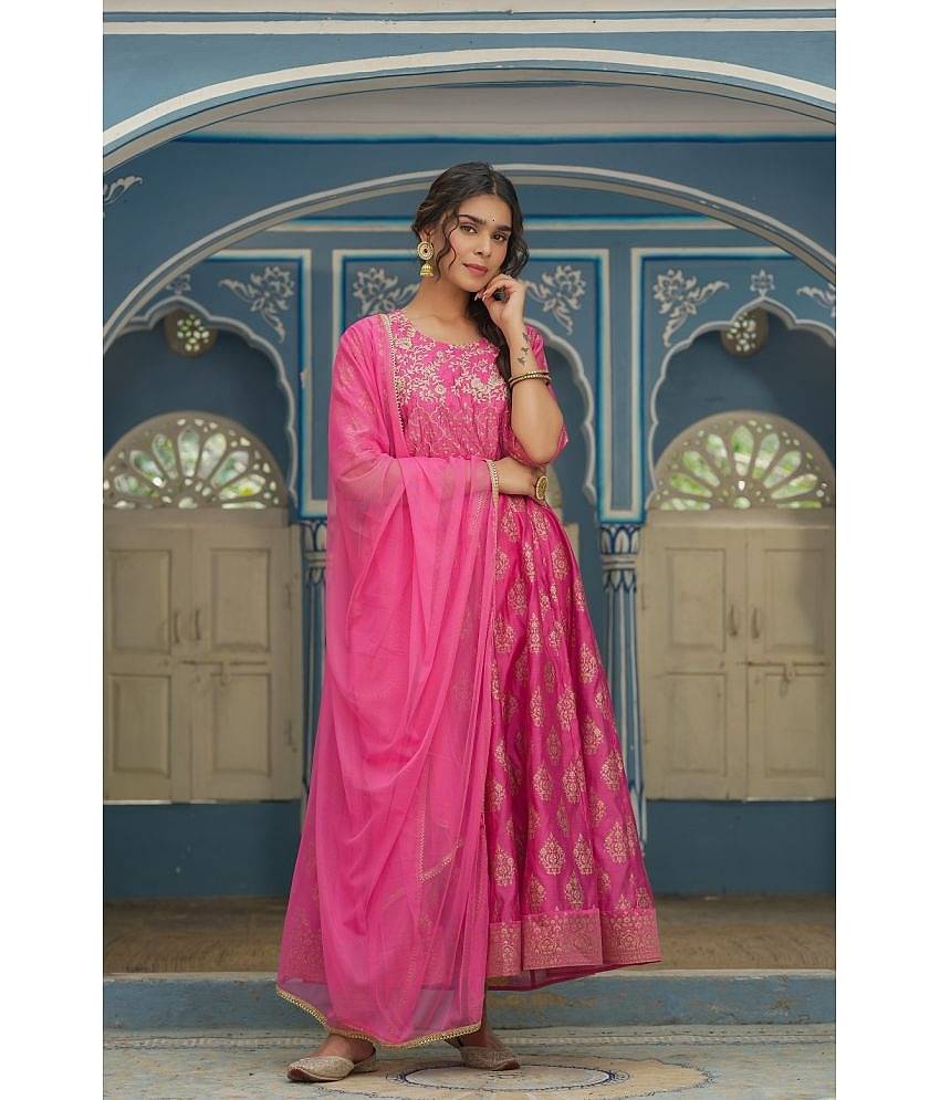 Juniper - Pink Chanderi Women's Anarkali Kurti ( Pack of 1 )