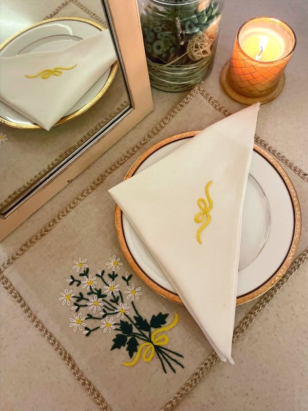 KRI India Raw Flower Bunch Table Placemats|Set of 6 | Jute beige with hand embroidery | 12x17.5 inches | Wash & Care | 100% Cotton | Handcrafted in India. 100% organic & natural.