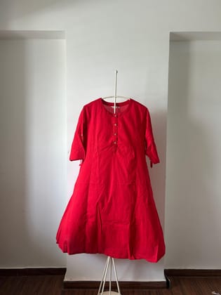 A-Line Fared Red Cotton Kurta-XXL