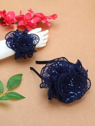 Sequins Flower Bracelet & Hairband Set-Navy Blue-one Size / Navy Blue