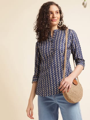 Blue Printed Straight Cotton Blend Top-XS