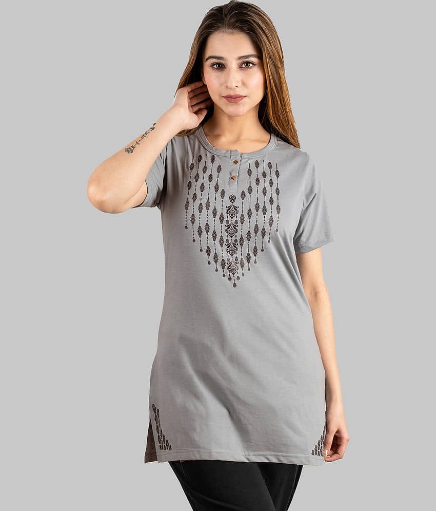 URBE Women Cotton Blend Printed Regular Fit Henley Neck T-Shirt ( Grey )