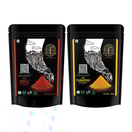 The Flavour Trail - Sustainably farmed Red Chilli Powder (Lal Mirch) + Organic Turmeric Powder ( Haldi), 200 GMS Each |Organically Farmed | Hygienically Processed | Pesticide-Free