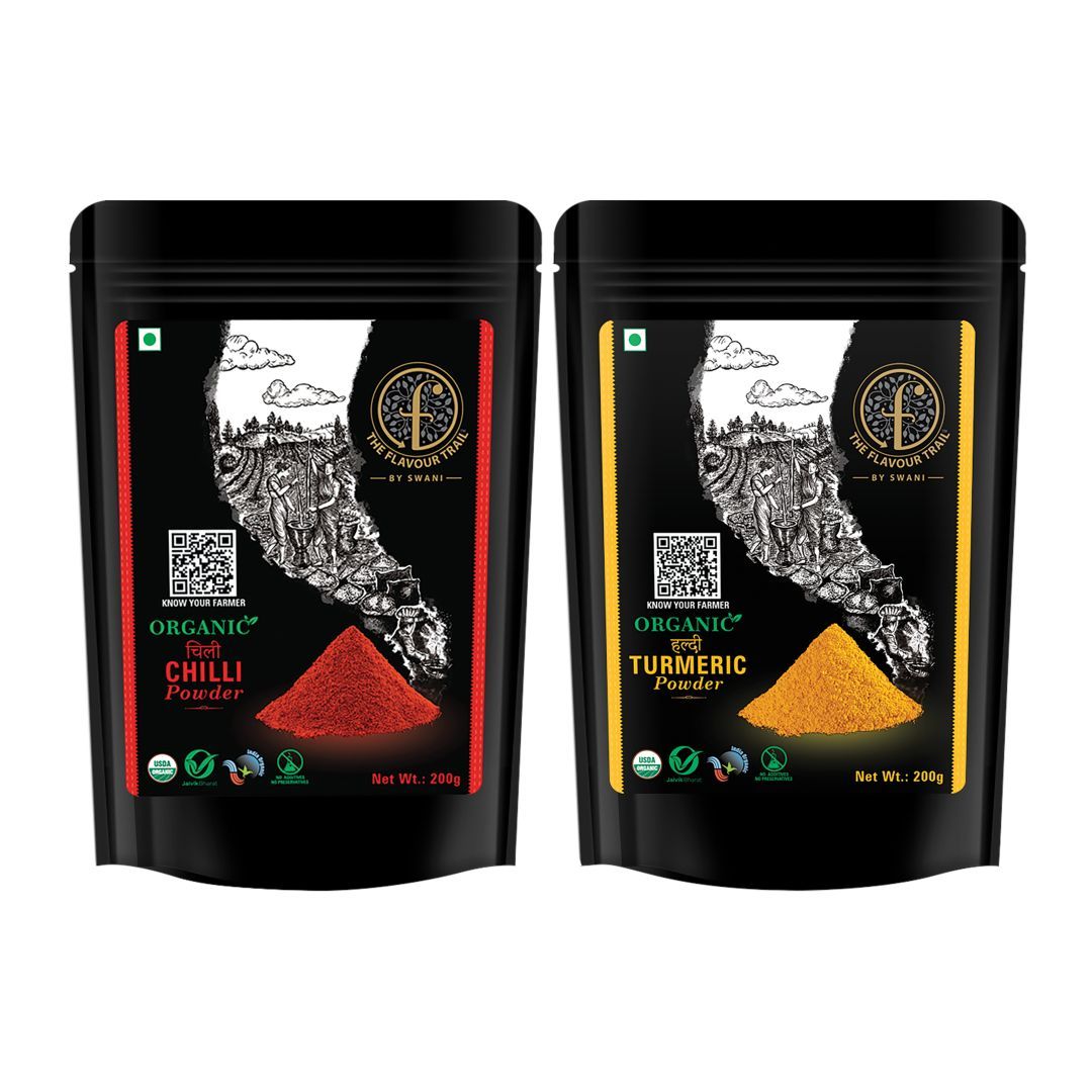The Flavour Trail - Sustainably farmed Red Chilli Powder (Lal Mirch) + Organic Turmeric Powder ( Haldi), 200 GMS Each |Organically Farmed | Hygienically Processed | Pesticide-Free
