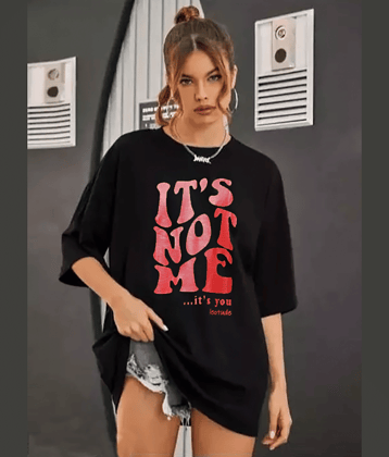 Leotude Women Cotton Blend Printed Oversized Fit Round Neck T-Shirt ( Black )