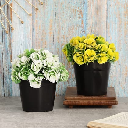 Foliyaj Set of 2 Artificial Plants with White and Yellow Rose Flowers