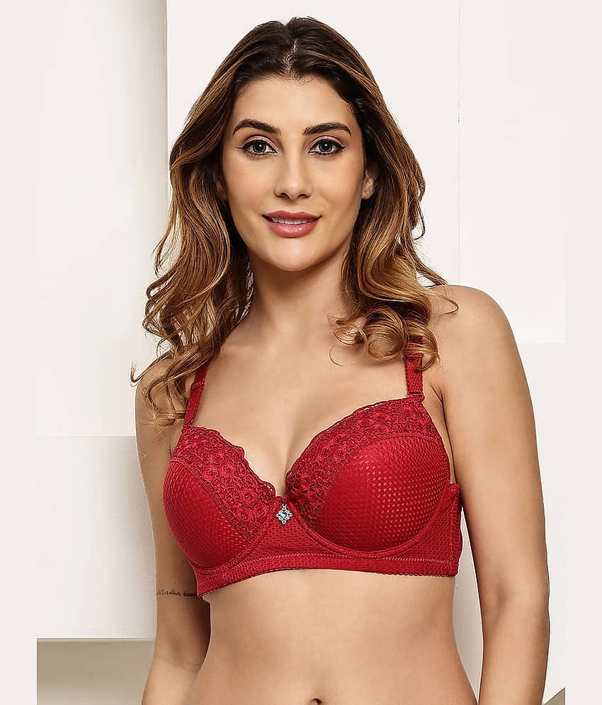 PrettyCat Pack of 1 Lace Lightly Padded T-Shirt Bra For Women ( Red )