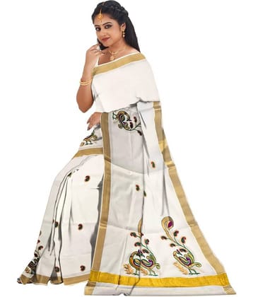 BRINDAVAN CREATIONS Kerela Cotton Embroidered Saree With Unstitched Blouse Piece ( Beige )