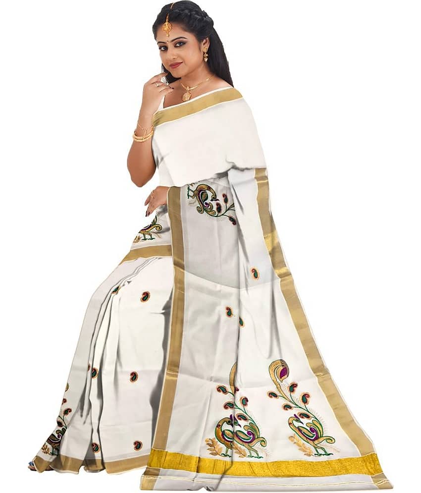 BRINDAVAN CREATIONS Kerela Cotton Embroidered Saree With Unstitched Blouse Piece ( Beige )