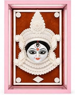 Maa Durga Face in Glass Box | Wall Mounted Pooja Mandir for Home Temple & Main Door | Handmade Sholapith Bengali Craft in Glass Showpiece Case | Griha Pravesh & Durga Puja Gift