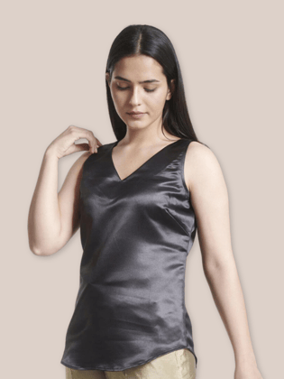 Satin Sleeveless Top - Black-S