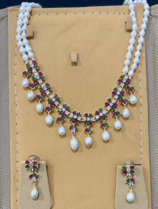 HYDERABAD NATURAL FRESH WATER TWO LAYER PEARL SET WITH MULTI COLOUR FLOWER