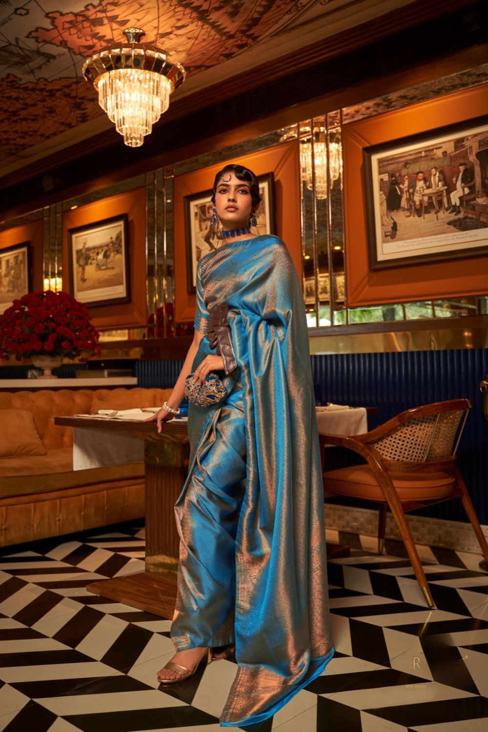 Turquoise kanjivaram Soft Silk Saree With Blouse