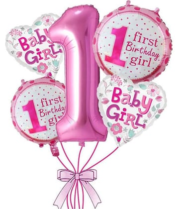 RTB Enterprises 5pcs 1st Birthday Balloons Baby Girl Pink Balloon Set Birthday for Party Decoration, Kids Birthday Decoration, Celebration