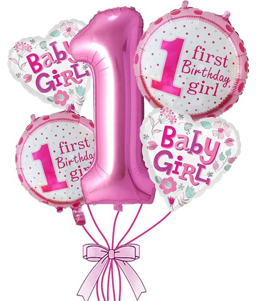 RTB Enterprises 5pcs 1st Birthday Balloons Baby Girl Pink Balloon Set Birthday for Party Decoration, Kids Birthday Decoration, Celebration