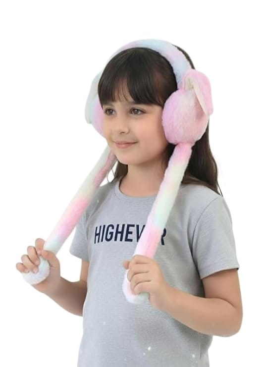 Kids Rainbow Plush Bunny Ear Moving Winter Earmuffs | Soft & Warm Ear Muffs