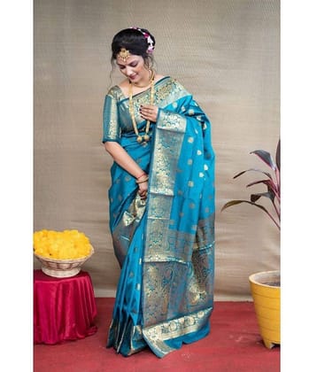 Gazal Fashions Banarasi Silk Woven Saree With Unstitched Blouse Piece ( Rama )