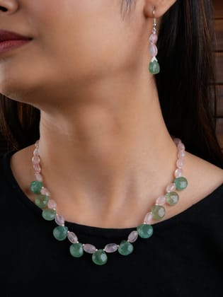 Rose Quartz And Pastel Green Quartz Necklace Set