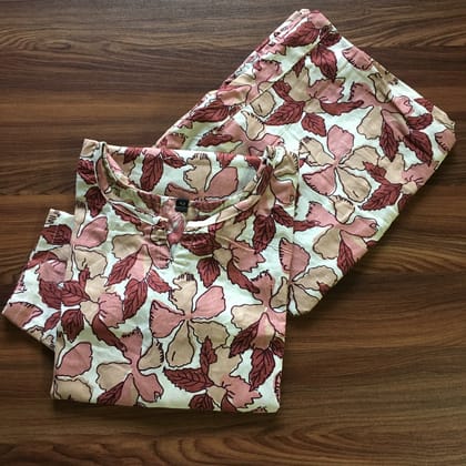 Flower & Leafs - Pink - Cord Set - Pure Cotton-46 - 3XL