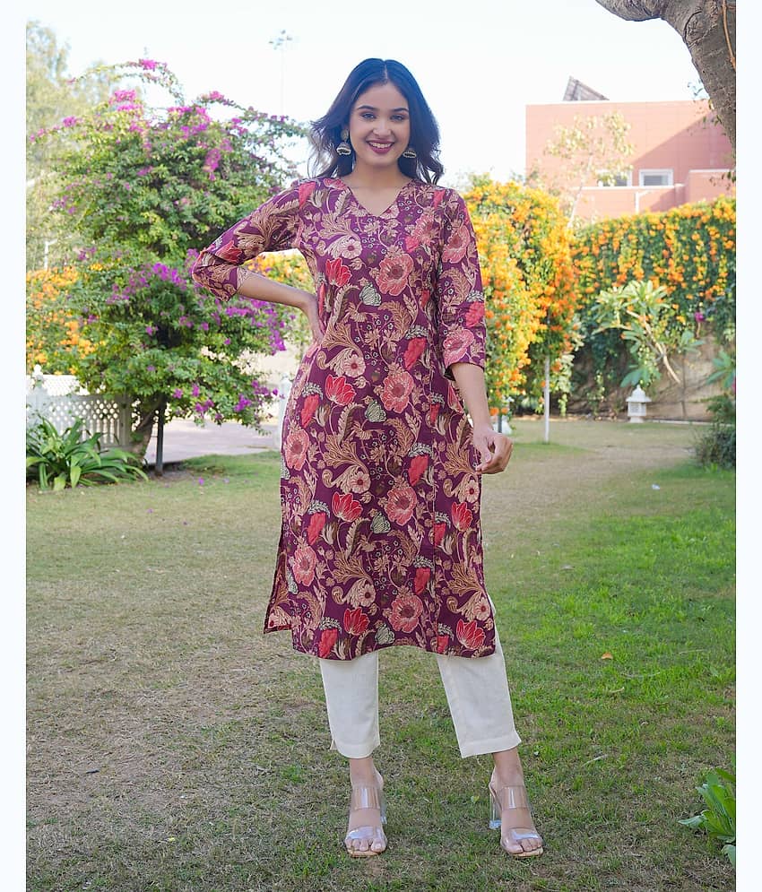 Vbuyz Cotton Printed Straight Women's Kurti - Purple ( Pack of 1 )