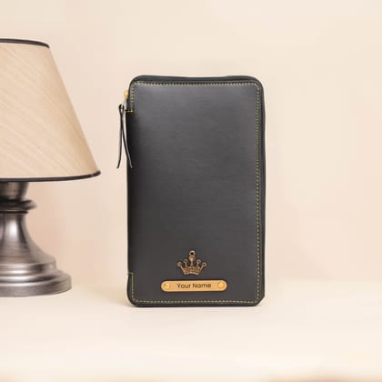 Personalized Black Leather Zippered Travel Passport Folder